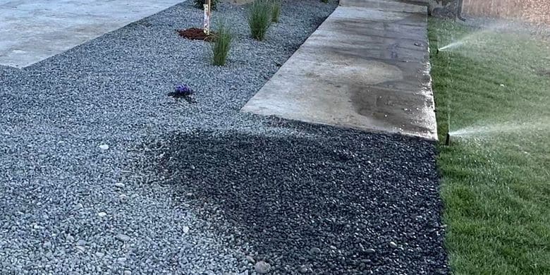 Pop-up sprinklers watering new sod beside a gravel bed and a concrete walk.
